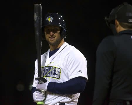 Apr 6, 2017; Columbia, SC, USA; Columbia Fireflies outfielder Tim Tebow (15) reacts after a strikeout during the sixth inning against the Augusta GreenJackets at Spirit Communications Park. Joshua S. Kelly-USA TODAY Sports