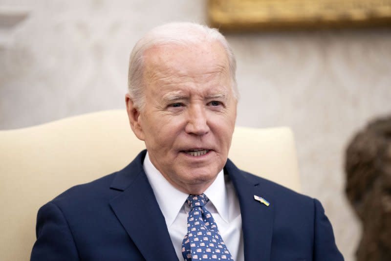 President Joe Biden speaks during a meeting with Vice President Kamala Harris and congressional leaders in the Oval Office of the White House in Washington, D.C., on Tuesday. Photo by Bonnie Cash/UPI