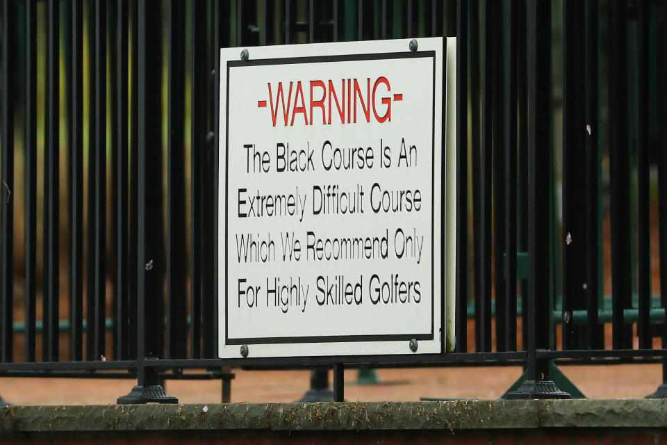 BETHPAGE, NEW YORK - MAY 14: A "Warning" sign is seen during a practice round prior to the 2019 PGA Championship at the Bethpage Black course on May 14, 2019 in Bethpage, New York. (Photo by Mike Ehrmann/Getty Images)