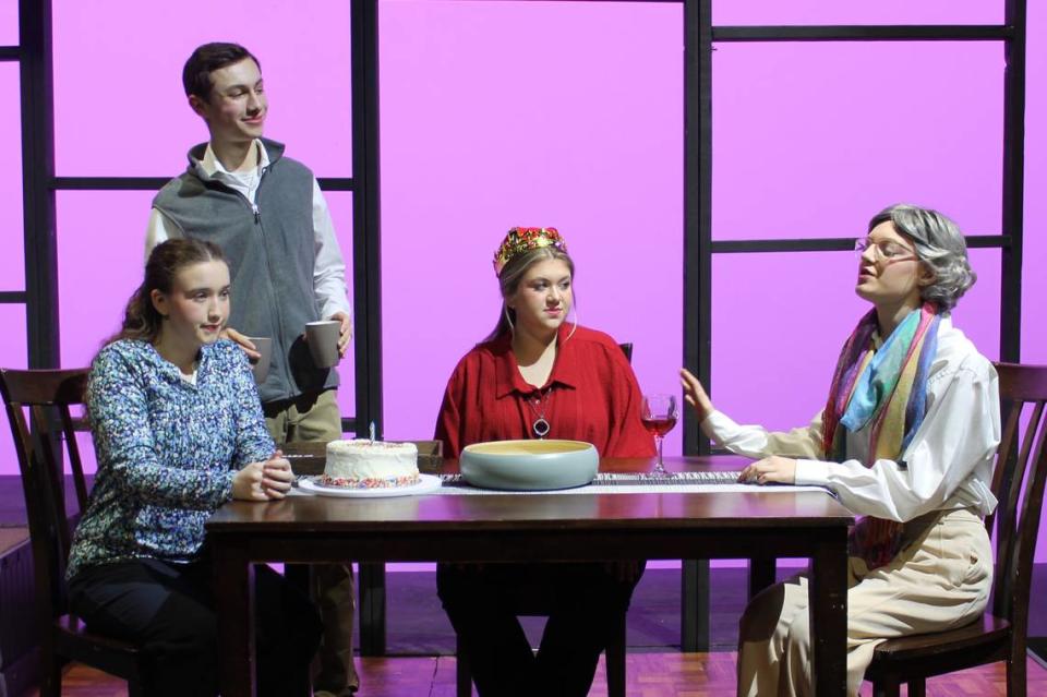 Ryann Gordon, Eric Perschbacher, Jordyn Struense, Sylvi Segraves rehearse for the Belleville West Little Theatre’s production of “Rabbit Hole” on March 14.