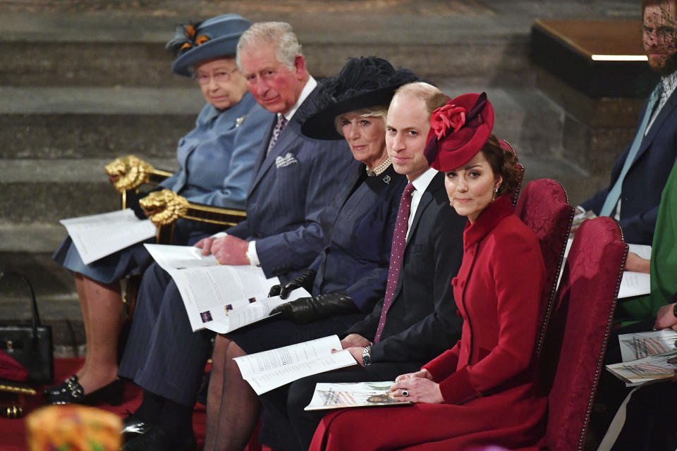 members of Britain's royal family, Queen Elizabeth II, Prince Charles, Camilla, Duchess of Cornwall, Prince William and Kate, Duchess of Cambridge 