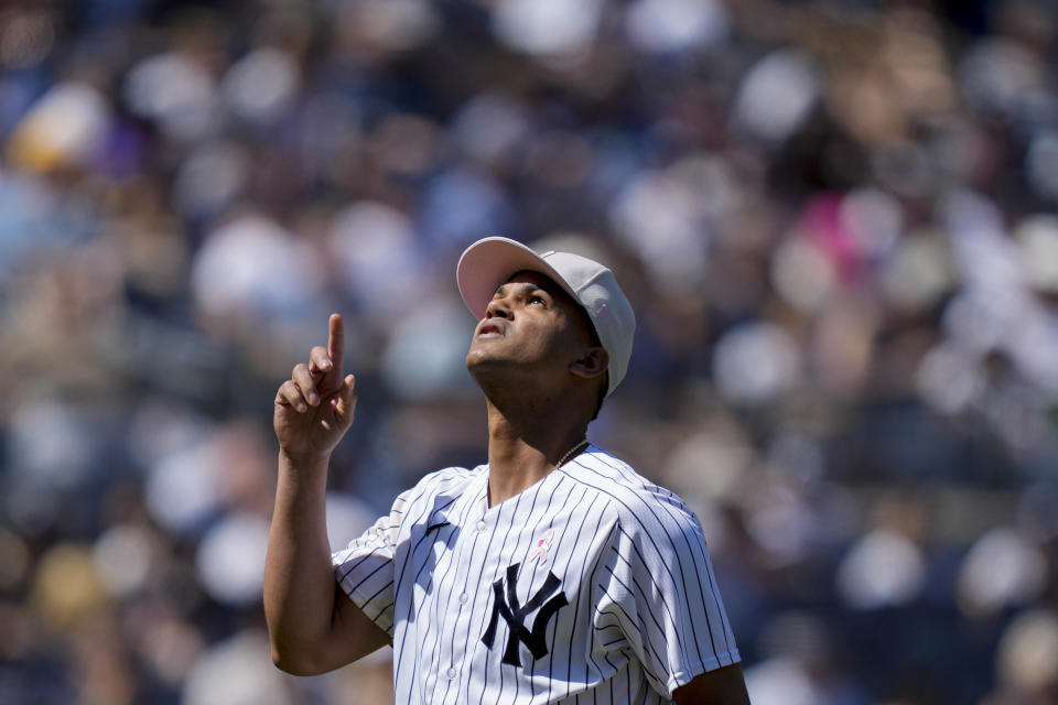 New York Yankees relief pitcher Albert Abreu (84) reacts after giving up a grand slam to Tampa Bay Rays' Taylor Walls and closing the fifth inning of a baseball game, Sunday, May 14, 2023, in New York. (AP Photo/John Minchillo)