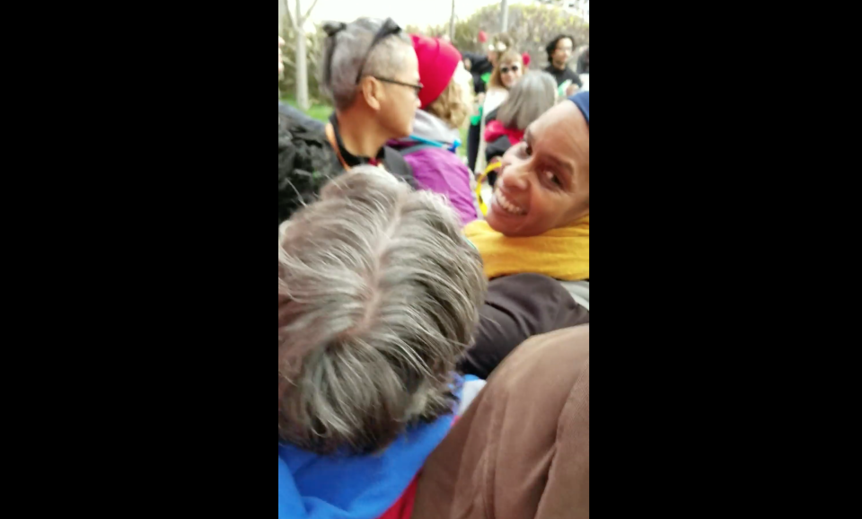 Oakland Unified School District board member Jumoke Hinton-Hodge was filmed allegedly choking teacher Darnisha Wright in a Facebook video. She apologized saying the act was “unintentional.” (Screenshot: Facebook/Daph E. Crane)