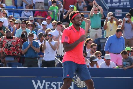 Sep 4, 2016; New York, NY, USA; Jo-Wilfried Tsonga of France celebrates after defeating Jack Sock of the United States (not pictured) on day seven of the 2016 U.S. Open tennis tournament at USTA Billie Jean King National Tennis Center. Mandatory Credit: Anthony Gruppuso-USA TODAY Sports