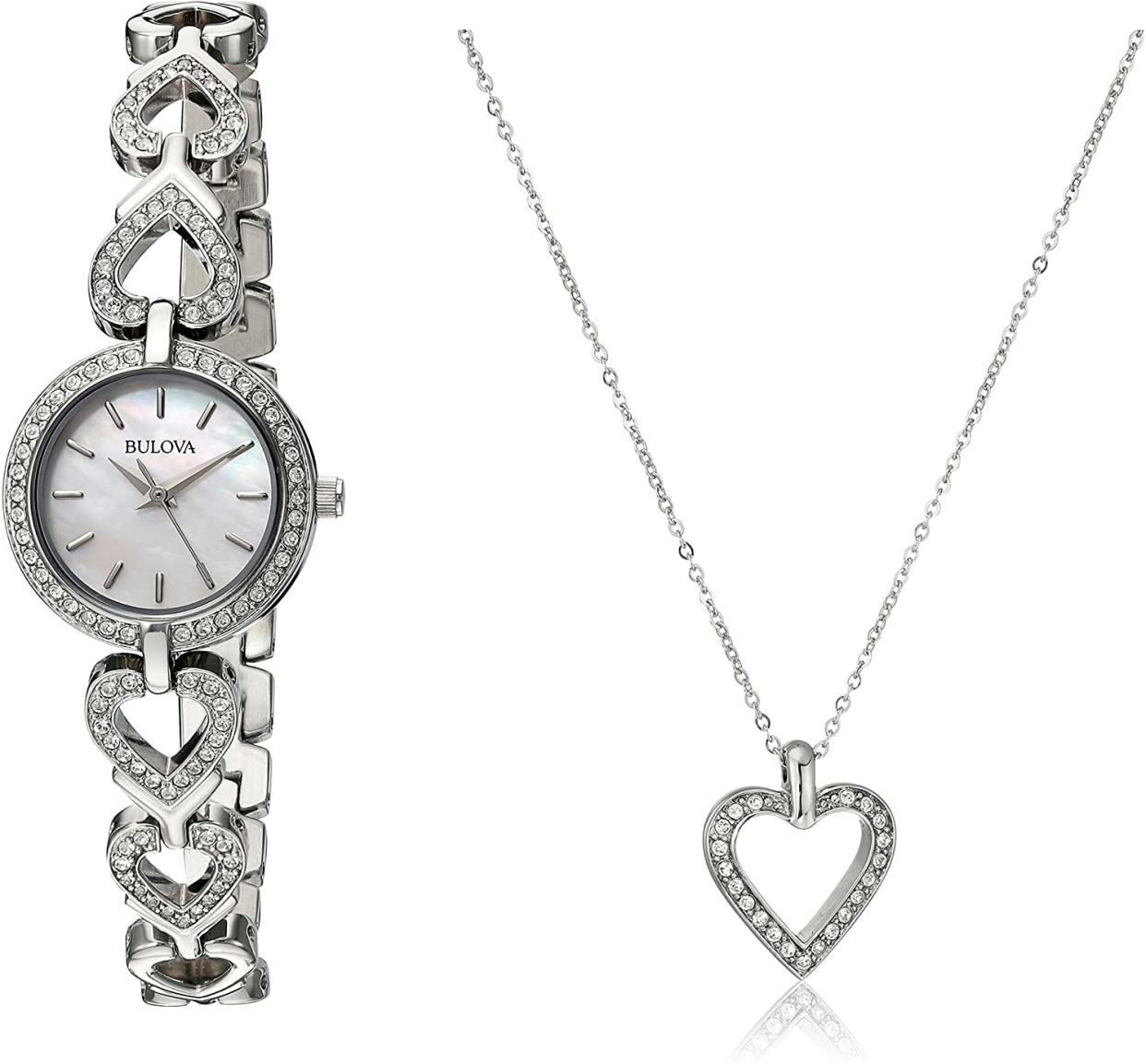 Bulova Women's 96X136 Swarvoski Crystal Box Set with Heart Pendant Necklace