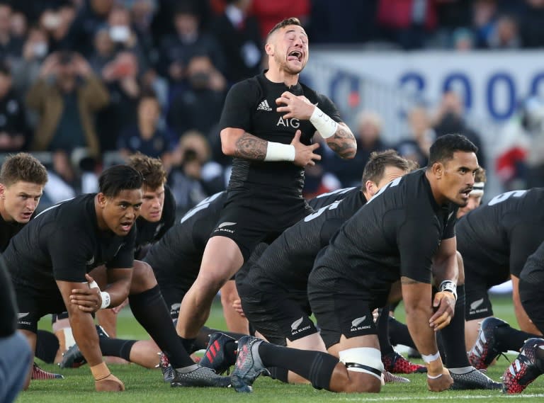 New Zealand All Blacks TJ Perenara (C) performs the haka during the third rugby Bledisloe Cup against Australia at Eden Park in Auckland on October 22, 2016