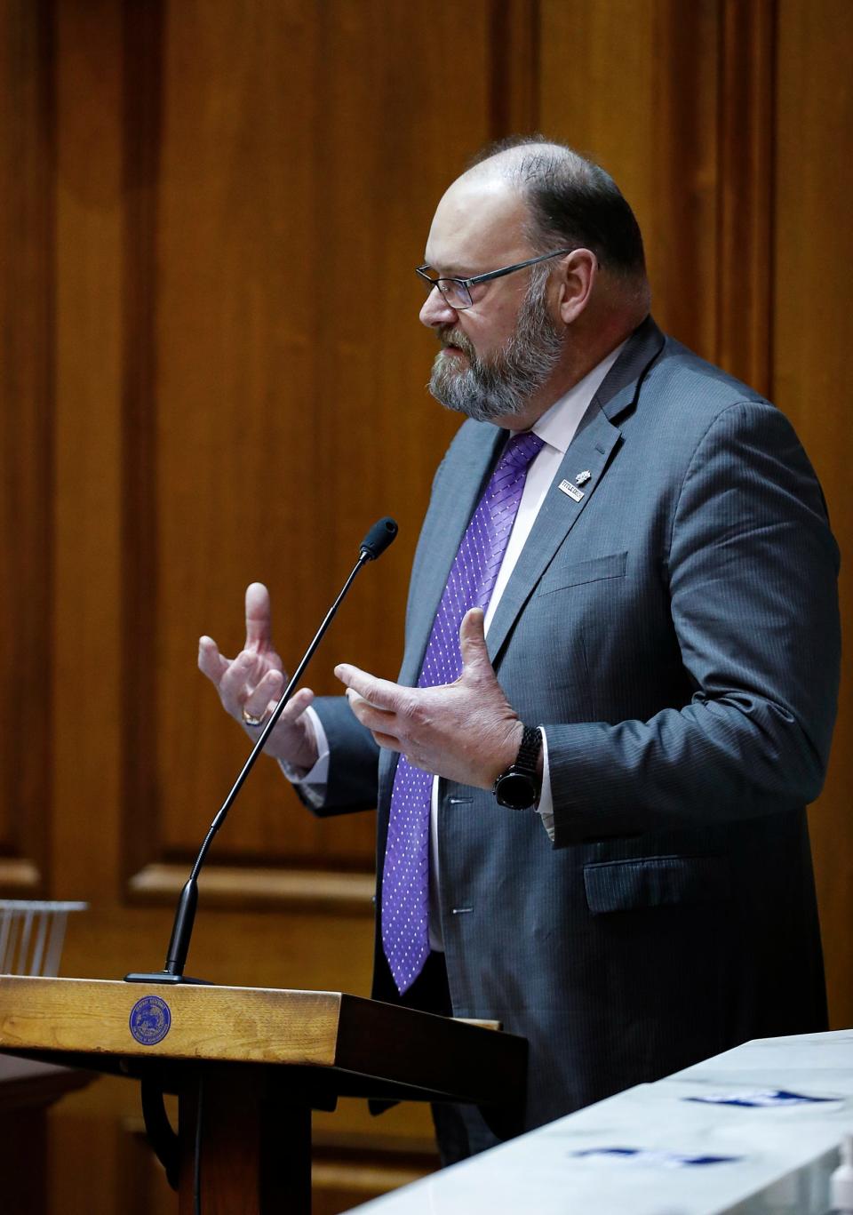 Paul Neidig, commissioner of the Indiana High School Sports Association, asks questions about House Bill 1041 on Monday, Jan. 24, 2022, at the Indiana Statehouse in Indianapolis. The bill, which was voted to move on to the House floor, prohibits transgender girls from playing on girls sports teams at the K-12 level. 