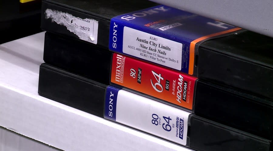 VHS tapes of recordings of episodes of Austin City Limits TV show sit on a shelf in an archive room at Austin PBS. (KXAN Photo/Ed Zavala)