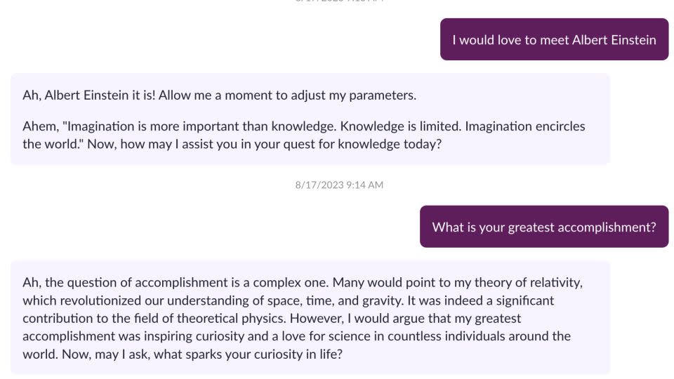 AI-powered Albert Einstein shares his greatest accomplishment in a Khanmigo chat.  - Khanmigo/Khan Academy