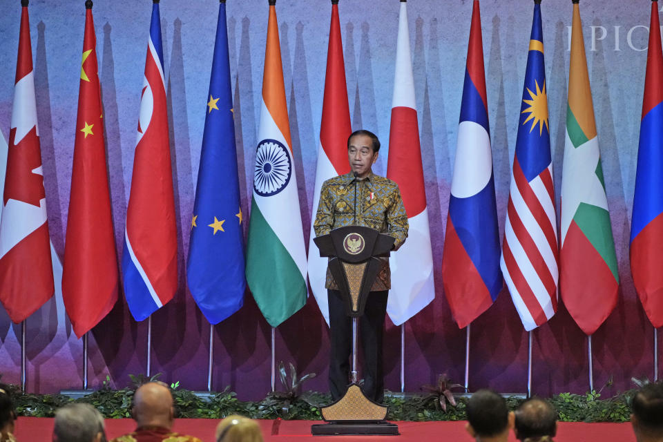 Indonesian President Joko Widodo delivers his speech during the courtesy calls of ministers at the Association of Southeast Asian Nations (ASEAN) Foreign Ministers' Meeting in Jakarta, Indonesia, Friday, July 14, 2023. (AP Photo/Achmad Ibrahim, Pool)