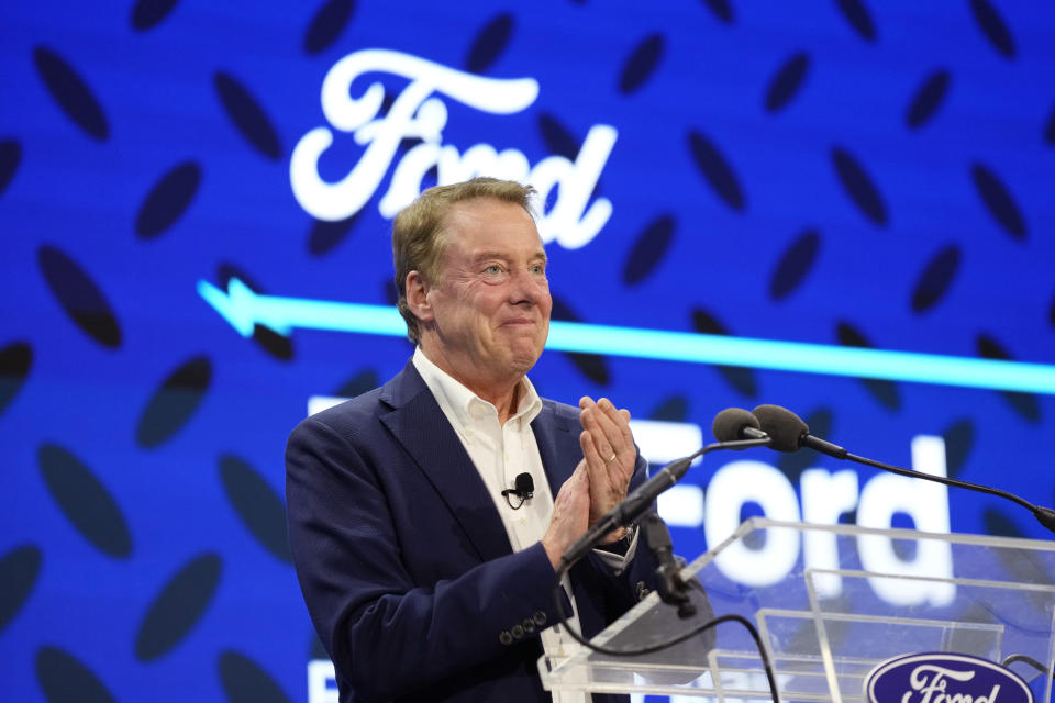 Ford Motor Co., executive chairman Bill Ford, announces the automaker's new BlueOval Battery Park, Monday, Feb. 13, 2023, in Romulus, Mich. The automaker plans to build a $3.5 billion electric vehicle battery plant about 100 miles west of Detroit that would employ about 2,500 people. The plant was revealed Monday at a meeting of the Michigan Strategic Fund, which approved a large state tax incentive package for the project near the city of Marshall. (AP Photo/Carlos Osorio)