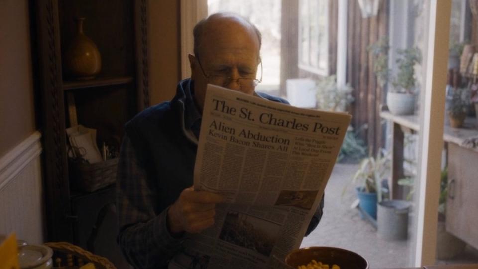 Grandpa Quill reads the newspaper at his kitchen table in Guardians of the Galaxy Vol. 3