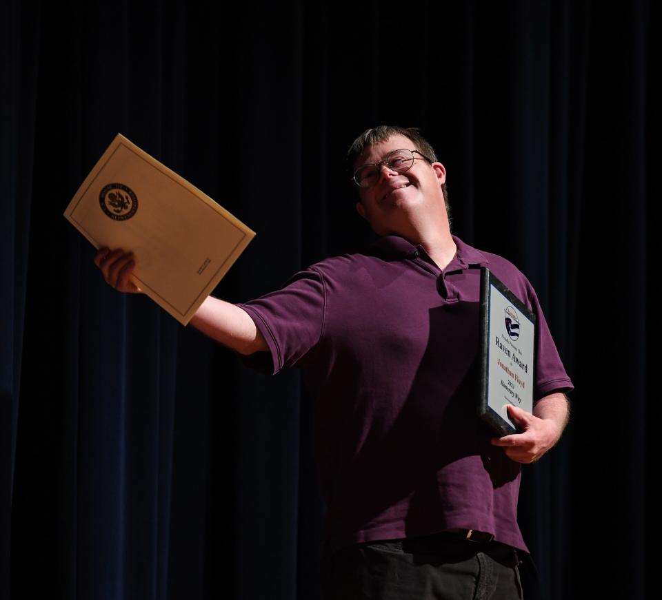 Jonathan Floyd receives the 2023 Honorary Way award during the 2024 Raven Award ceremony, Wednesday, June 5, 2024, in Ravenna, Ohio.