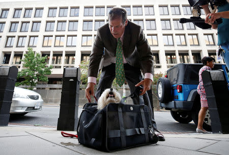 Randy Credico, an associate of former Trump campaign adviser Roger Stone, secures his dog Bianca as he arrives to testify before the grand jury convened by Special Counsel Robert Mueller at U.S. District Court in Washington, U.S., September 7, 2018. REUTERS/Chris Wattie