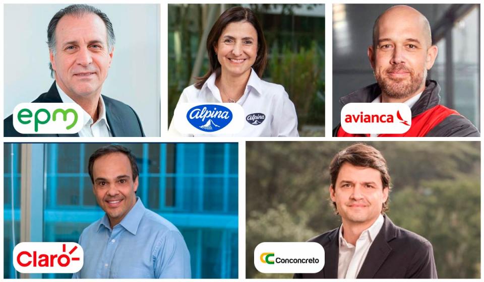 John Maya, gerente EPM; Carolina Espitia, gerente Alpina Colombia; Frederico Pedreira, presidente Avianca; Rodrigo de Gusmao, presidente Claro Colombia y Nicolás Jaramillo, presidente Conconcreto/Valora Analitik