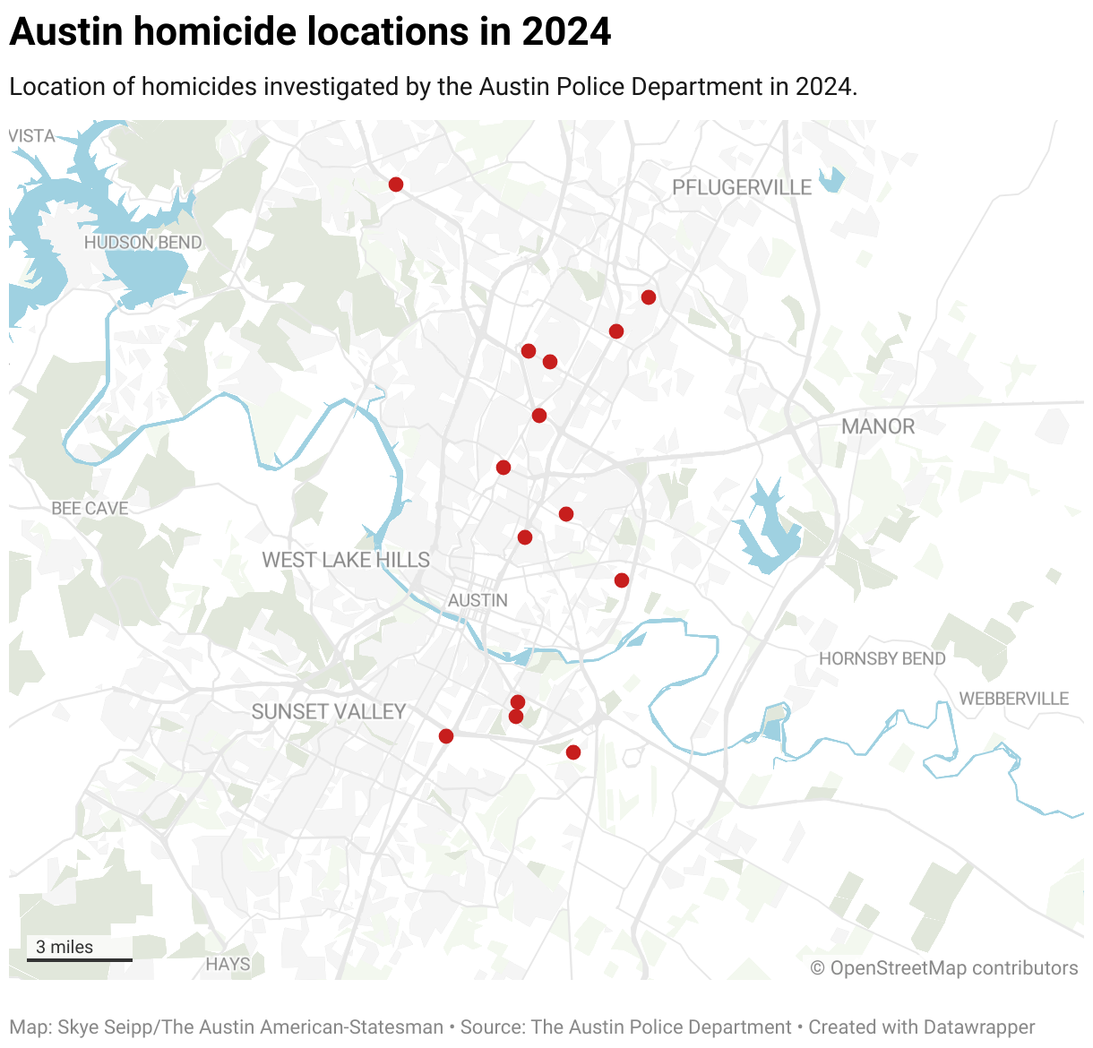 A graphic map of Austin showing areas of the city where homicides occurred in 2024.