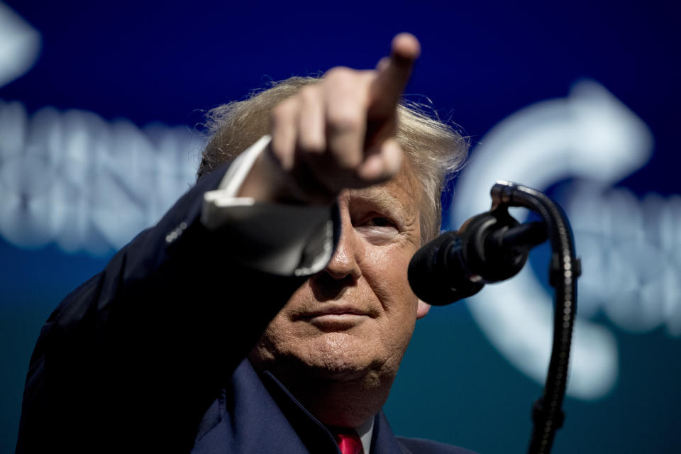 President Donald Trump pauses while speaking at the Turning Point USA Student Action Summit at the Palm Beach County Convention Center in West Palm Beach, Fla., Saturday, Dec. 21, 2019. (AP Photo/Andrew Harnik)