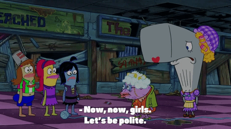 Animated scene featuring characters from "SpongeBob SquarePants." Pearl, the whale on the right, wearing a hat and necklace, speaks to three fish and Mrs. Puff. Subtitles: "Now, now, girls. Let's be polite."