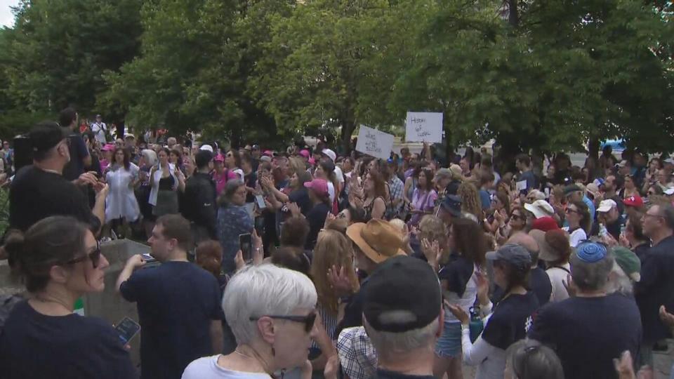 Hundreds of people rallied outside of the Toronto District School Board Tuesday during a Program and School Services Committee meeting that was voting on adopting the term 'anti-Palestinian racism' within the school board.