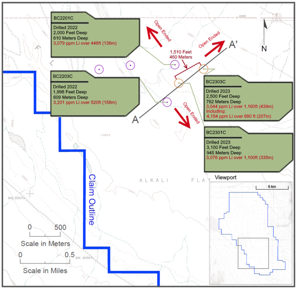 Drill collar location map of holes BC2201C, BC2203C, BC2301C, and BC2303C, with section line A-A’