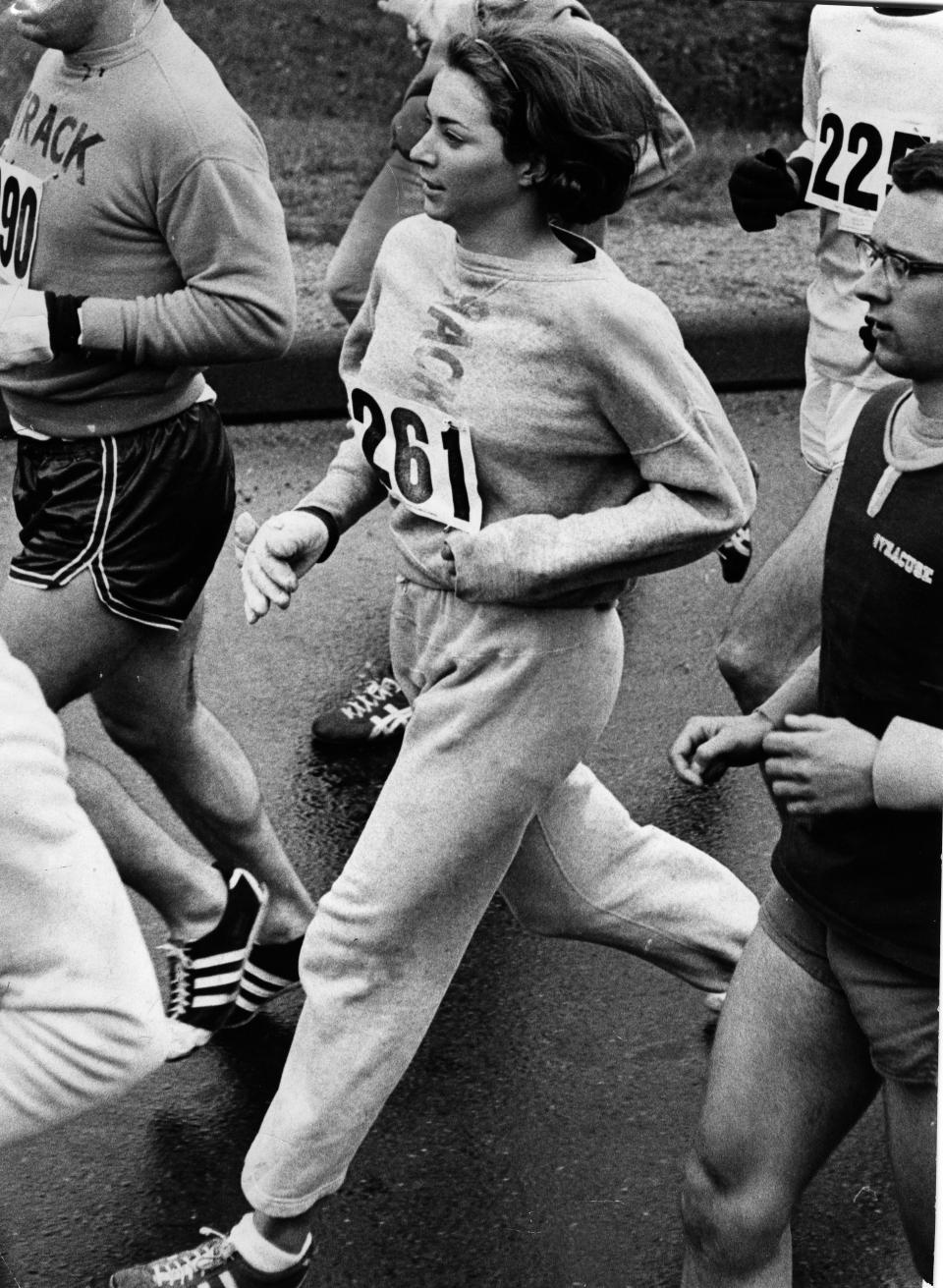 <h1 class="title">Kathy Switzer And Rocky Chamerlain In The Boston Marathon</h1><cite class="credit">Boston Globe / Getty Images</cite>