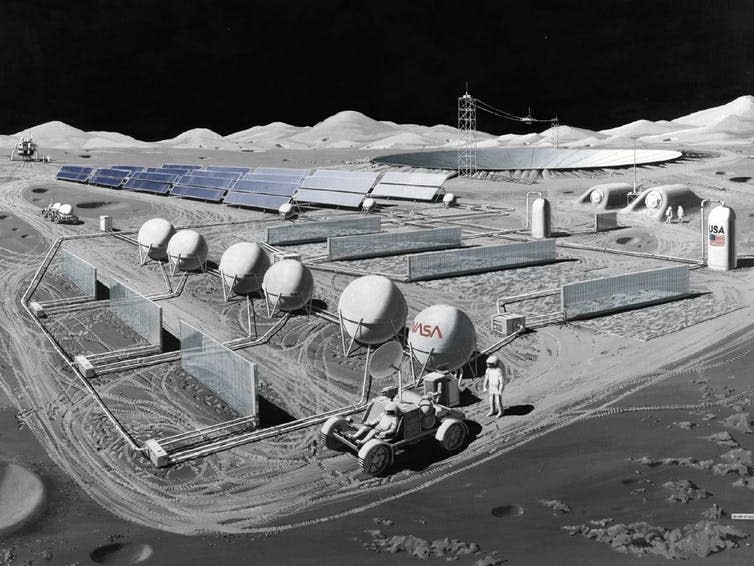 <span class="caption">The lunar observatory could search deeper into space than an Earth-bound equivalent.</span> <span class="attribution"><a class="link " href="https://www.nasa.gov/centers/glenn/images/content/215737main_art_gall_lunar_obs_1200x900_full.jpg" rel="nofollow noopener" target="_blank" data-ylk="slk:Les Bossinas/NASA;elm:context_link;itc:0;sec:content-canvas">Les Bossinas/NASA</a></span>