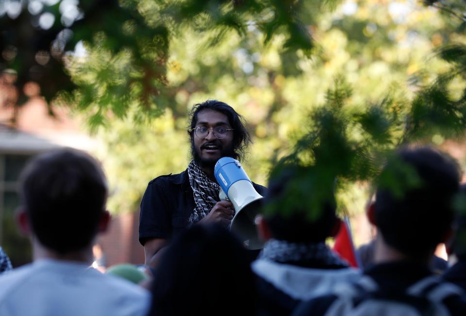 Arjun Janakam, from the Purdue chapter of the Young Democratic Socialists of America, speaks in response to the Palestine and Israel conflict, Thursday, Oct. 12, 2023, at Purdue University in West Lafayette, Ind.