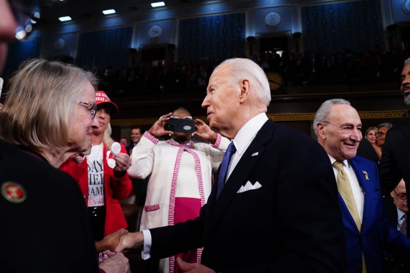 President Joe Biden arrives to deliver the State of the Union speech to a joint session of Congress at the U.S. Capitol in Washington, D.C., on Thursday. Pool Photo by Shawn Thew/UPI