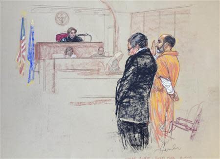 Babar Ahmad (R), a British national accused of operating a website that promoted jihad and supported al Qaeda, is pictured as he pleads guilty in this courtroom sketch in the U.S. District Court in New Haven, Connecticut December 10, 2013. REUTERS/Janet Hamlin