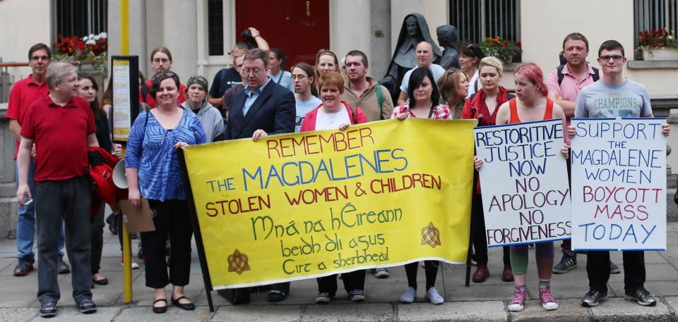 Members of the Redress for Magdalenes campaign group pickets the Sisters of Mercy, Catherine McAuley Centre on Baggot street Dublin to demand that religious orders pay redress to former residents of Magdalene laundries.   (Photo by Niall Carson/PA Images via Getty Images)