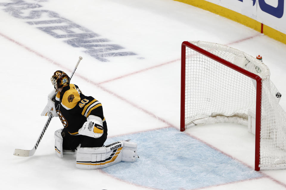Boston Bruins goaltender Tuukka Rask cannot stop the winning goal by New York Islanders' Casey Cizikas in overtime of Game 2 of an NHL hockey second-round playoff series, Monday, May 31, 2021, in Boston. (AP Photo/Winslow Townson)