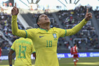 Brazil's Matheus Martins celebrates after scoring his side's third goal against Tunisia during a FIFA U-20 World Cup round of 16 soccer match at La Plata Stadium in La Plata, Argentina, Wednesday, May 31, 2023. (AP Photo/Gustavo Garello)