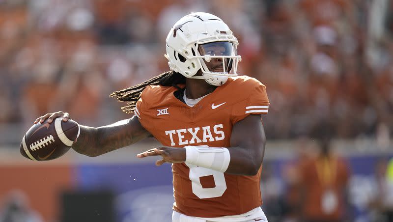 Texas quarterback Maalik Murphy throws against Rice during game in Austin, Texas, Saturday, Sept. 2, 2023. Murphy will likely get his first career start when the No. 7 Longhorns (6-1, 3-1) host Big 12 newcomer BYU (5-2, 2-2) Saturday, Oct. 28.