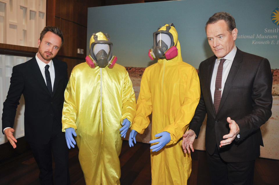 WASHINGTON, DC- NOVEMBER 10: Actors Aaron Paul and Bryan Cranston pose with their Tyvek suits during a donation ceremony of artifacts from AMC's "Breaking Bad" show at Smithsonian's National Museum of American History  in Washington DC on November 10, 2015.  (Photo by Kris Connor/Getty Images)