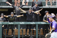 Vanderbilt players celebrate after Vanderbilt's Javier Vaz beat out a bunt for a single against East Carolina in the seventh inning of an NCAA college baseball super regional game Friday, June 11, 2021, in Nashville, Tenn. Vanderbilt won 2-0. (AP Photo/Mark Humphrey)