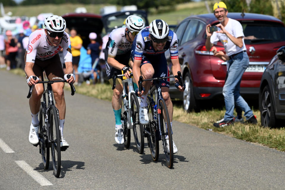 POLIGNY FRANCE  JULY 21 LR Ben Oconnor of Australia and Ag2R Citron Team Matej Mohoric of Slovenia and Team Bahrain Victorious and Julian Alaphilippe of France and Team Soudal  Quick Step compete in the breakaway during the stage nineteen of the 110th Tour de France 2023 a 1728km stage from MoiransenMontagne to Poligny  UCIWT  on July 21 2023 in Poligny France Photo by Tim de WaeleGetty Images