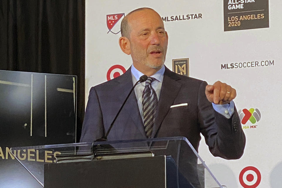 Major League Soccer Commissioner Don Garber announces that the league's 2020 All-Star Game will be held in Los Angeles during a press conference at Banc of California Stadium in Los Angeles, Wednesday, Nov. 20, 2019. The game, which will be held on July 29, 2020, will match the best of MLS against the All-Stars from Mexico's LIGA MX. (AP Photo/Joe Reedy)