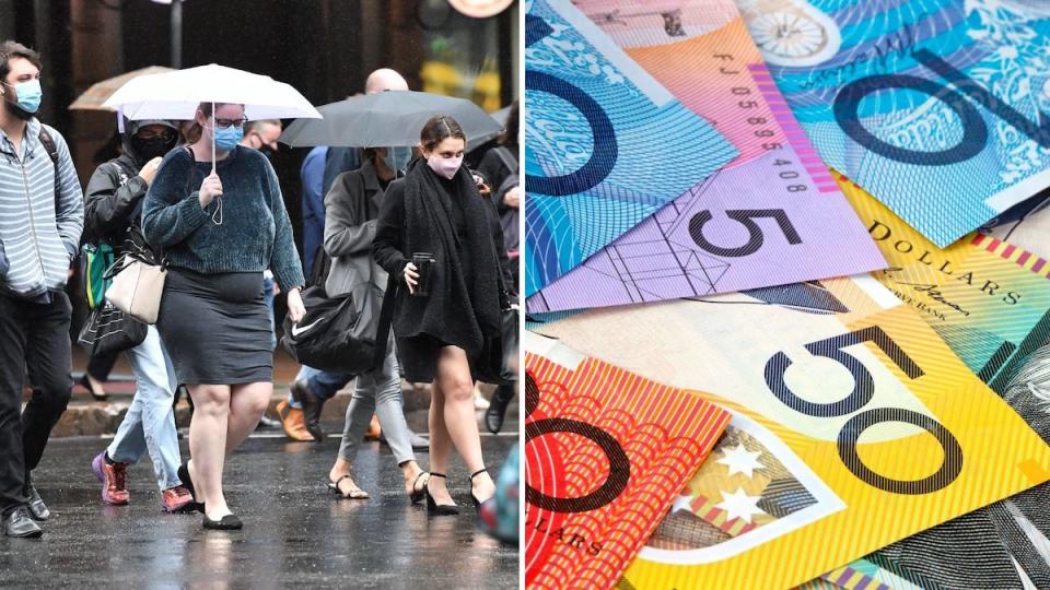 Composite image showing pedestrians eligible for the LMITO crossing the street in the rain and money.