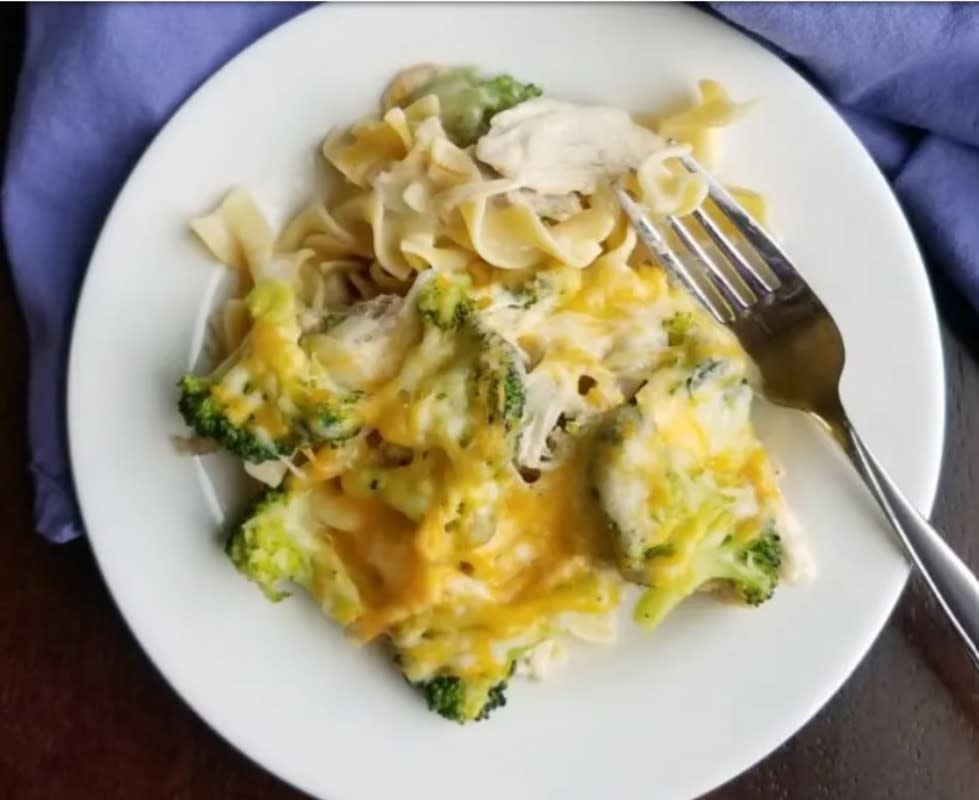 <p>Cooking With Carlee</p><p>This chicken and broccoli casserole is a great way to get dinner on the table quickly.</p><p><strong>Get the recipe: <a href="https://cookingwithcarlee.com/grandma-schanhorsts-chicken-broccoli/" rel="nofollow noopener" target="_blank" data-ylk="slk:Chicken Broccoli Noodle Casserole;elm:context_link;itc:0;sec:content-canvas" class="link rapid-noclick-resp">Chicken Broccoli Noodle Casserole</a></strong></p>