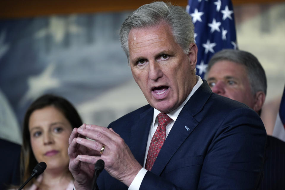 House Minority Leader Kevin McCarthy, R-Calif., joined at left by House Republican Conference Chair Elise Stefanik, R-N.Y., holds a news conference to charge China with a coverup of the origin of COVID-19, at the Capitol in Washington, Wednesday, June 23, 2021. (AP Photo/J. Scott Applewhite)