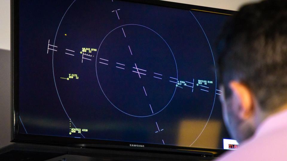 Mock radar showing the locations of virtual planes during air traffic control training at Embry-Riddle Aeronautical University in May, 2024.