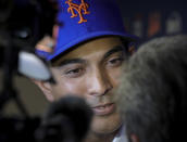 New York Mets new manager Luis Rojas speaks with the media after his introduction at a news conference, Friday, Jan. 24, 2020, in New York. (AP Photo/Bebeto Matthews)