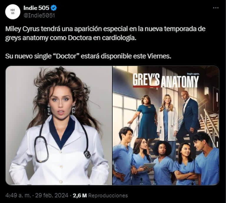 Aseguran que Miley Cyrus podría interpretar a una médica cardióloga en Grey's Anatomy (Foto: X @indie5051)