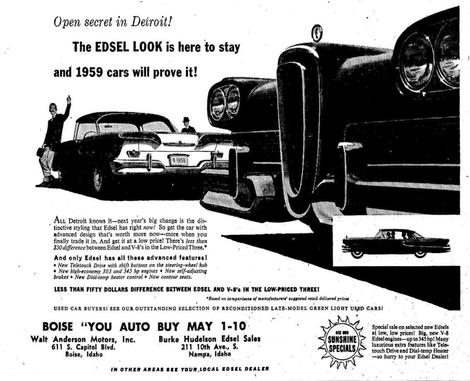 Even though only 63,000 Edsels were sold the first year, fewer than half what the company had projected, Ford was confident the tide would turn in 1959, as evidenced by this ad that appeared in the Idaho Statesman. After even more dismal sales the next two years, Ford stopped production in 1960.