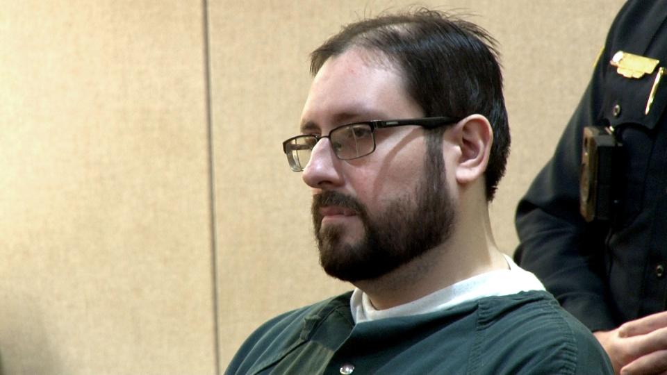 Christopher Sanchez sits before Superior Court Judge Scott C. Arnette in Freehold Thursday, February 1, 2024, for his sentencing in the beheading of a cat.