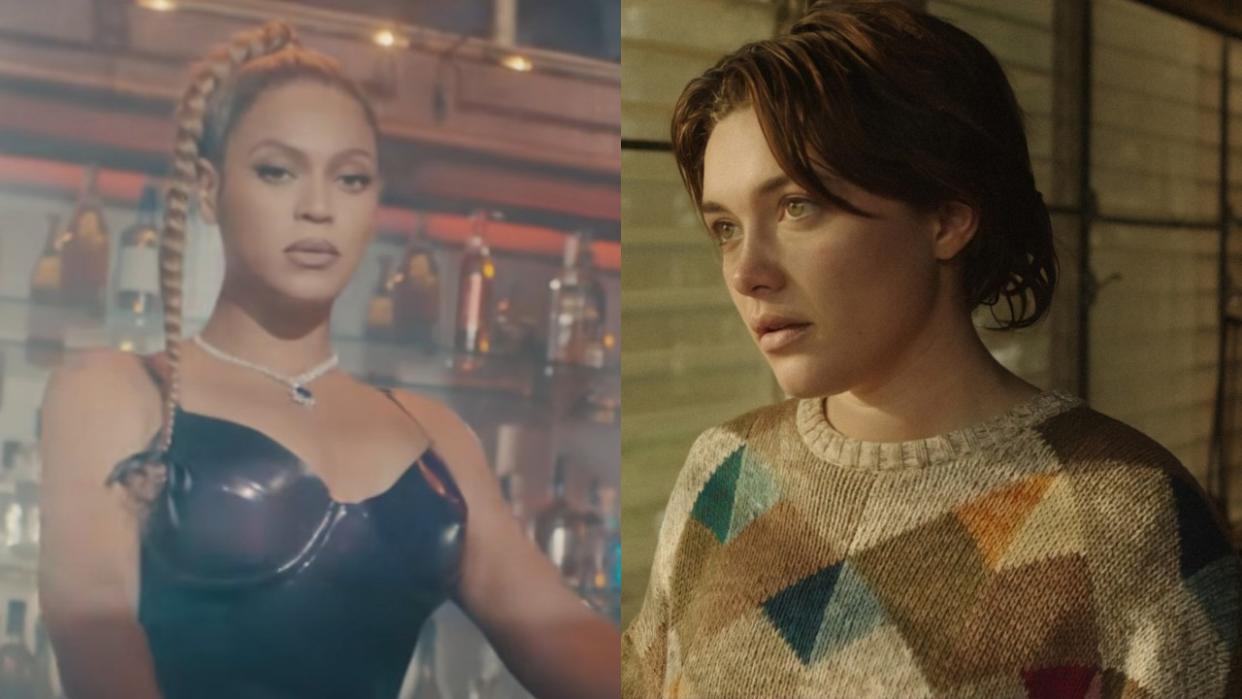  From left to right: Beyoncé in the I'm That Girl  music video and Florence Pugh in A Good Person. 