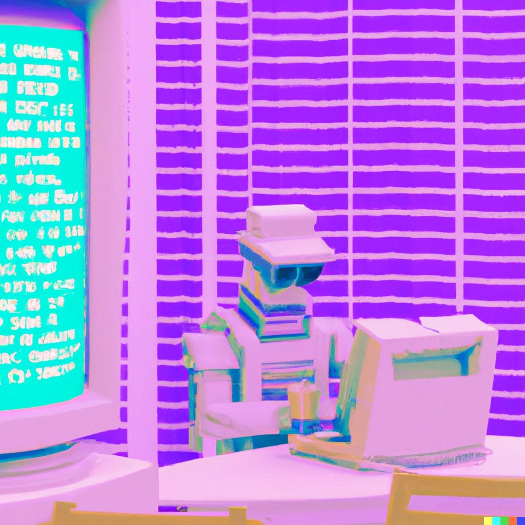 A stylised image of a robot typing code onto a computer