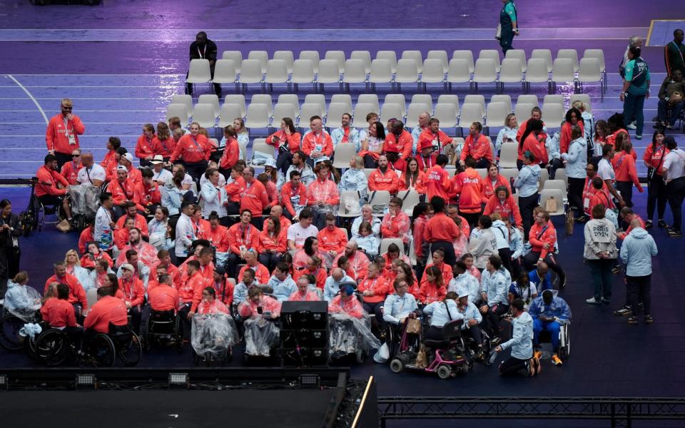 The Great Britain team gather in the Stade de France ahead of the closing ceremony