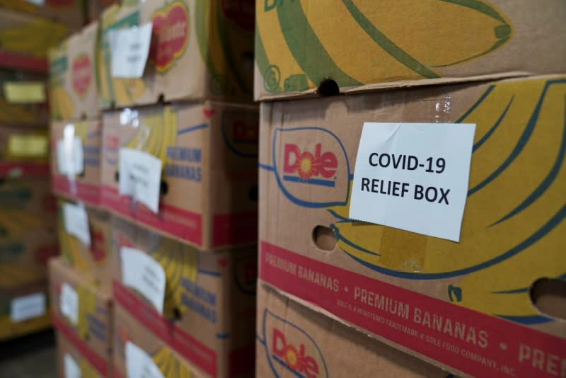 COVID-19 relief boxes are seen at the South Texas Food Bank in Laredo, Texas