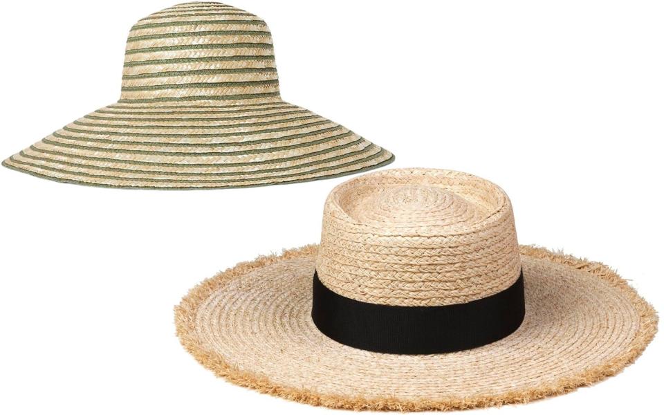 Pinstripe wide brim, £39, John Lewis; Raffia straw and grosgrain, £85, Lack of Colour at The Odder Side